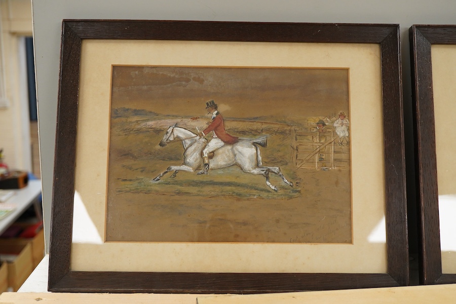 George Finch Mason (1850-1915), Hunting interest, to include 'Cut along old girl', pair of watercolours heightened with white, together with a set of three similar ink and watercolours, framed as one, each signed, larges